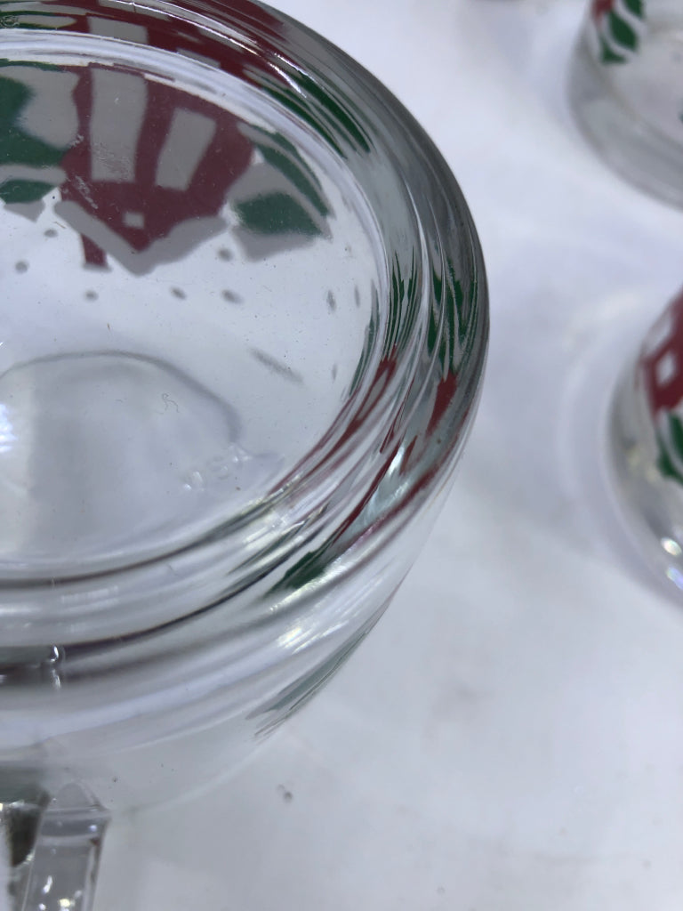 6 GLASS MUGS W/ RED HOUSE, TREES + SNOW.