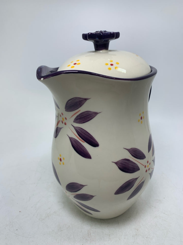 LARGE CERAMIC FLORAL PITCHER W/ LID.