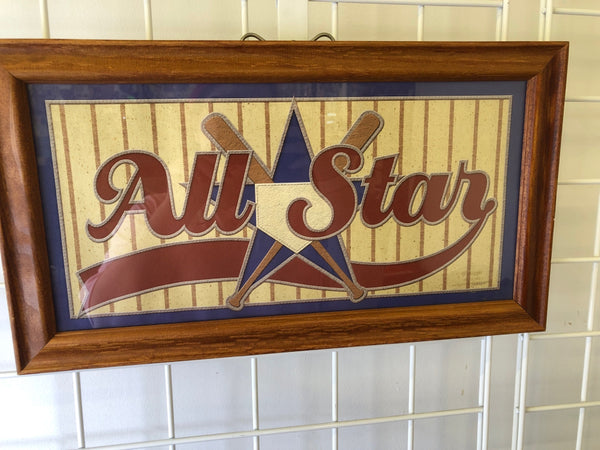 "ALL STAR" BASEBALL SIGN IN WOOD FRAME.