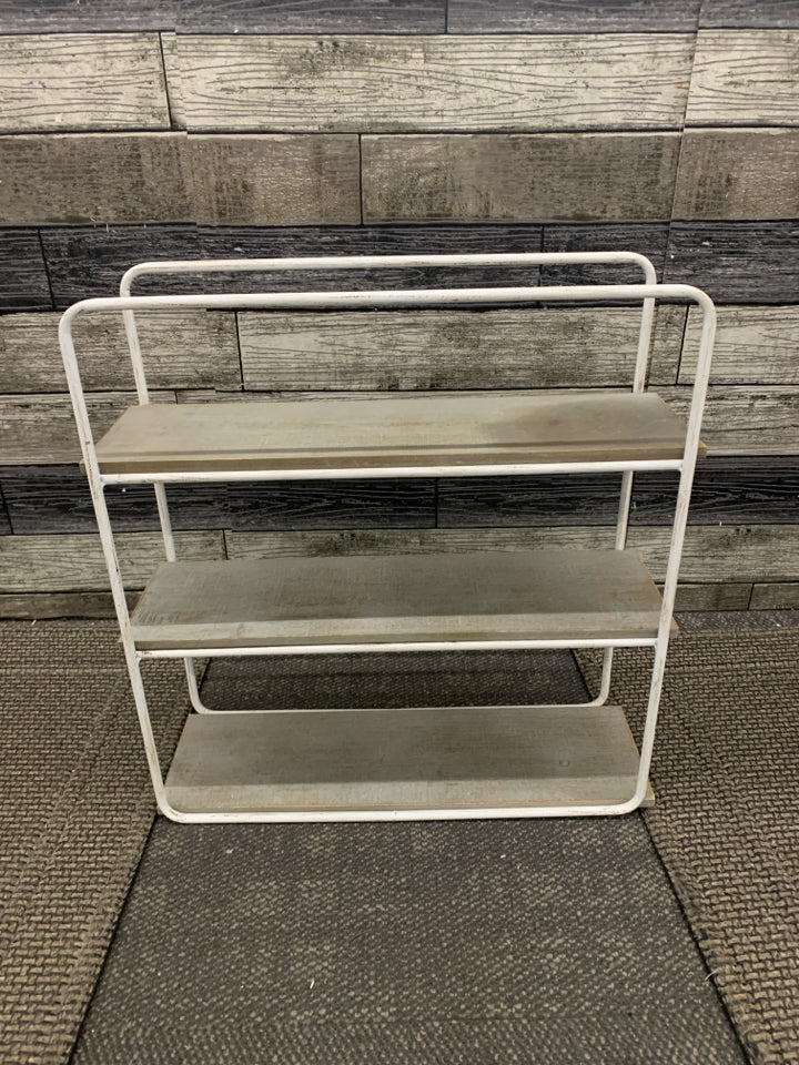 3 TIER GRAY AND WHITE WOOD SHELF.