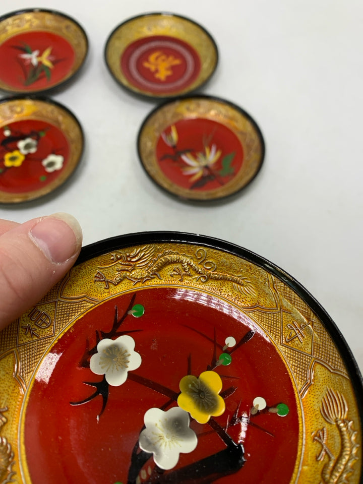 5 PLASTIC RED/GOLD PAITNED SOY SAUCE BOWLS W/ FLOWERS.