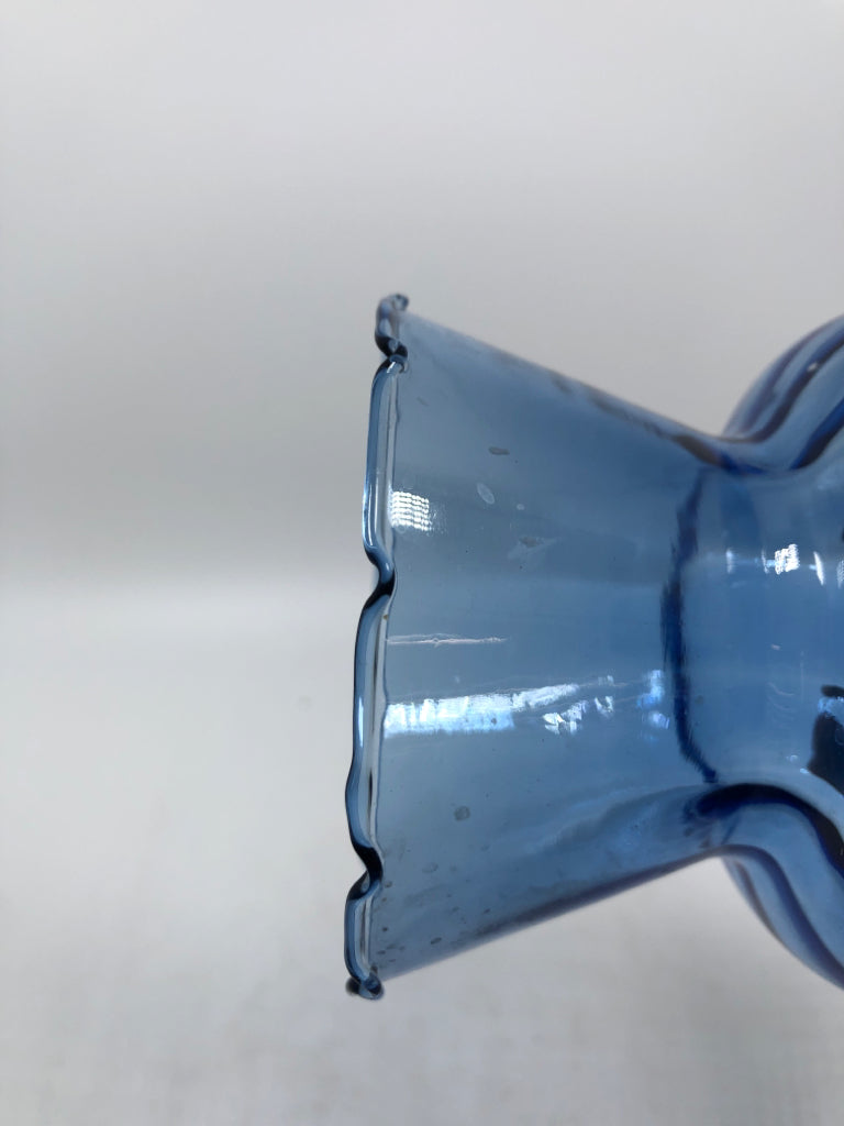 LIGHT BLUE GLASS VASE W/WAVE RIM.
