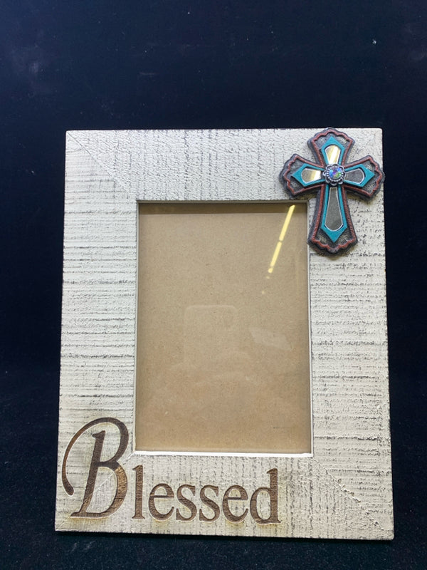 "BLESSED" WOODEN PICTURE FRAME WITH CROSS.
