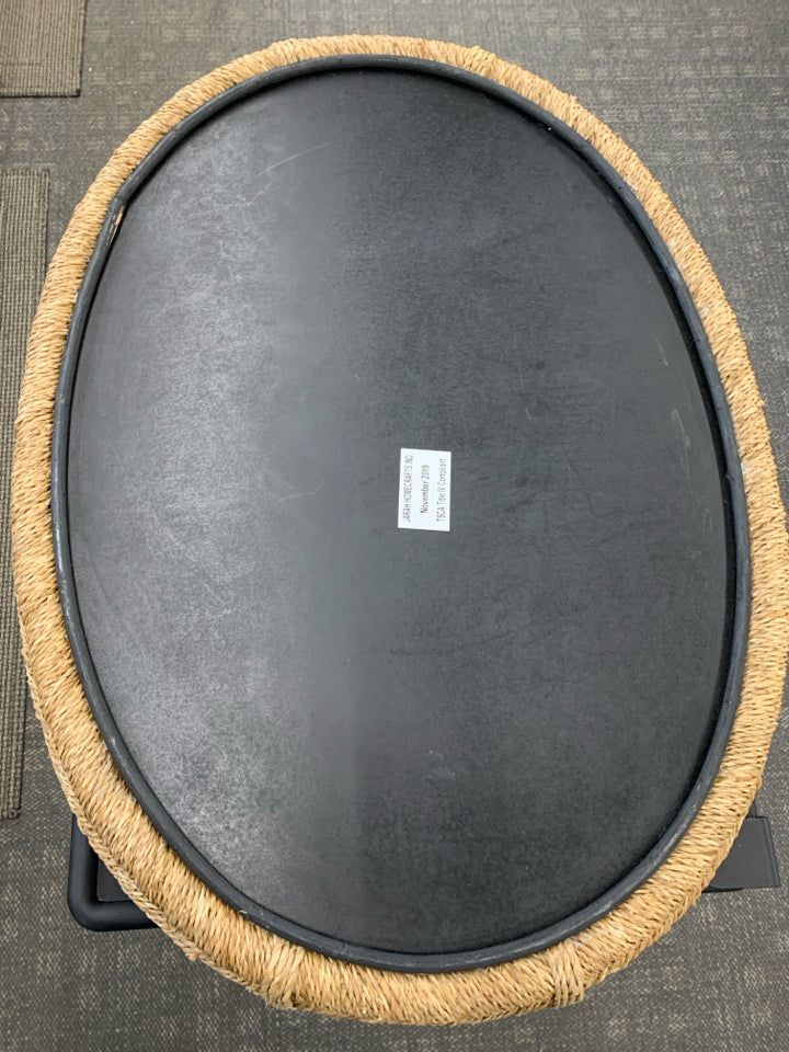 LG OVAL WOVEN WICKER TRAY W/HANDLES.