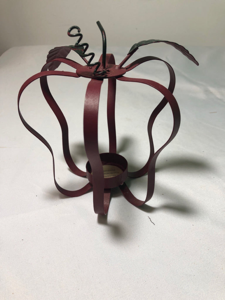 2 RED METAL APPLE SHAPED TEA LIGHT HOLDERS.