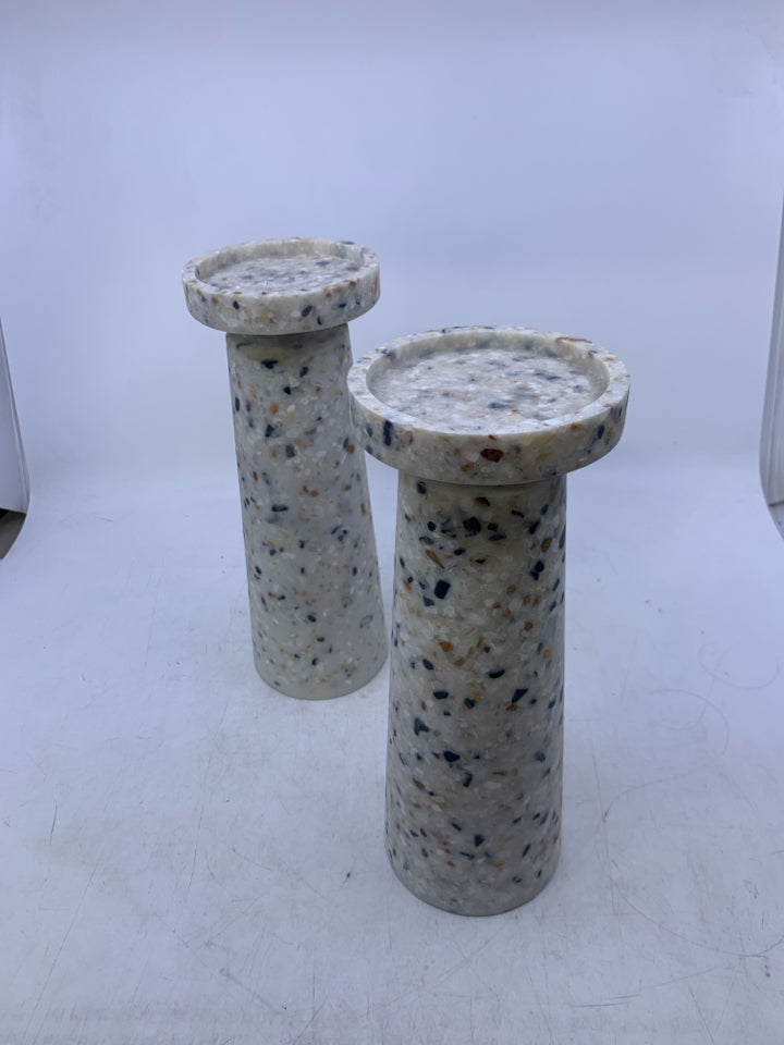 2 HEAVY FAUX STONE PILLAR CANDLE HOLDER W/ MULTI COLORED SPECKLES.