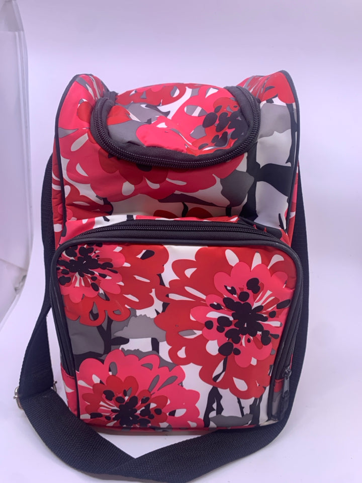 RED FLORAL DIVIDED COOLER BAG.