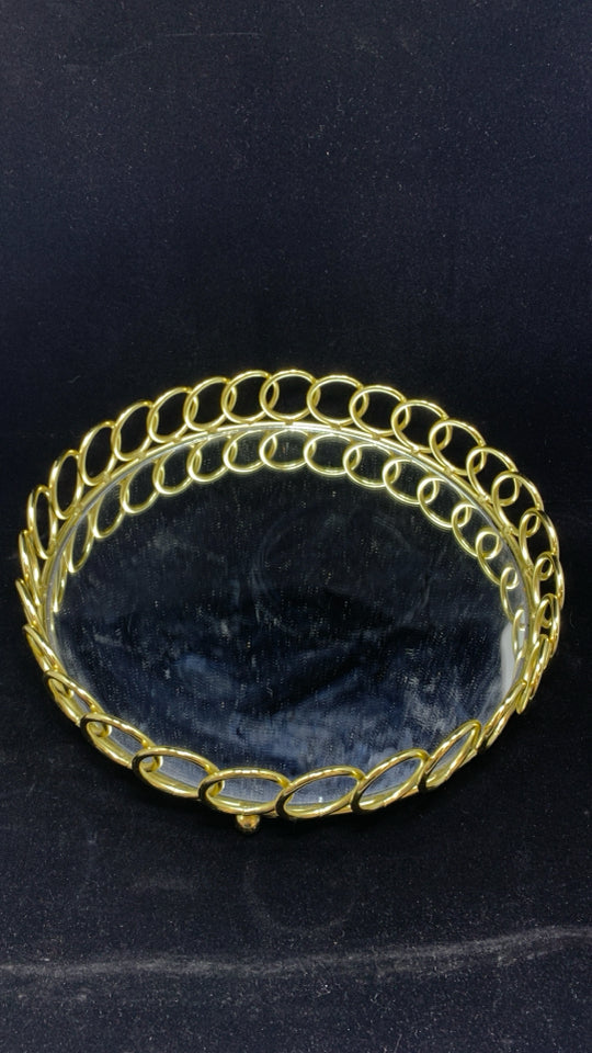 TRAY W/GOLD RING RIM+MIRROR BASE.