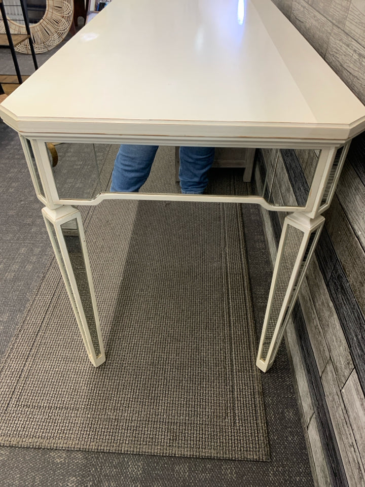 CREAM DISTRESSED PIER 1 DESK W/MIRRORED LEGS & DRAWER.
