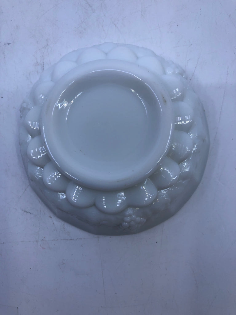MILK GLASS SHALLOW DISH W/EMBOSSED GRAPES.