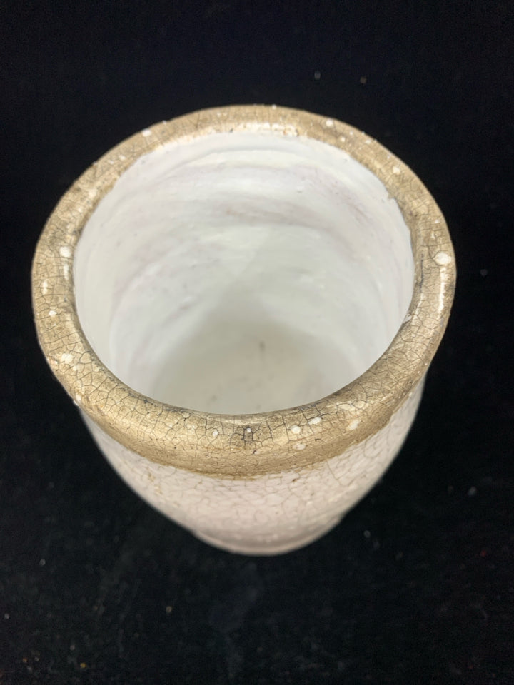WHITE CERAMIC VASE W/CRAZING & BROWN RIM.