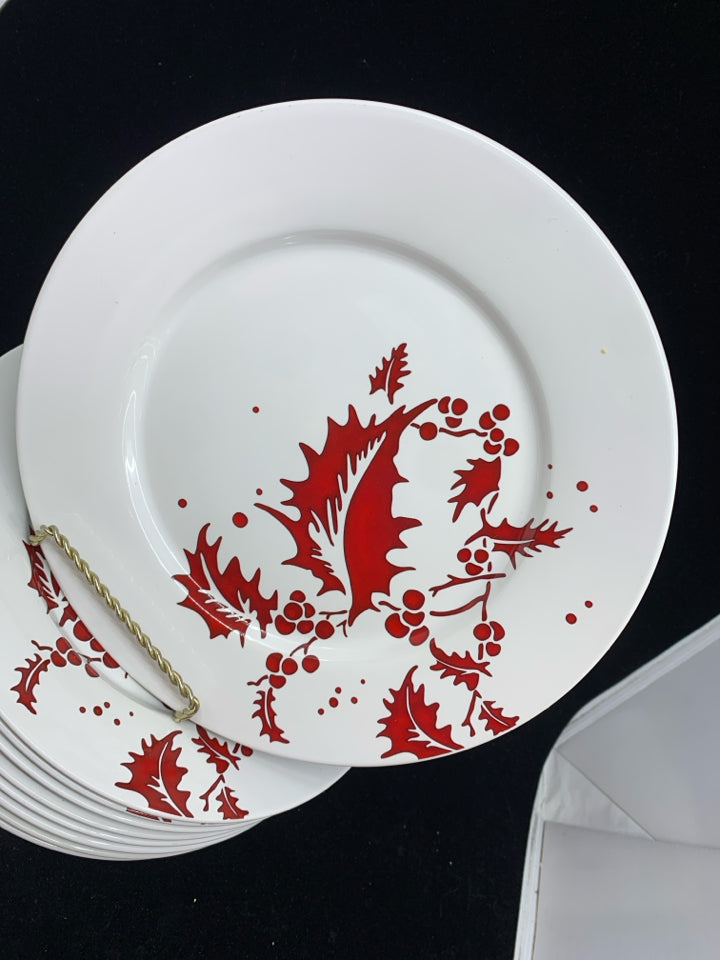 9 RED HOLLY PATTERN LUNCH PLATES.