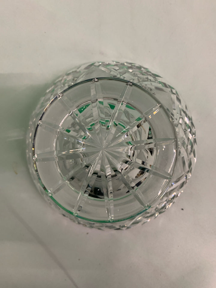 ETCHED FLORAL CRYSTAL FOOTED CANDY DISH.