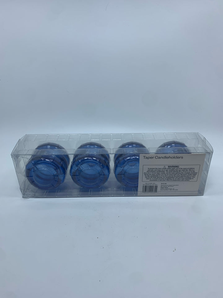 NIP BLUE GLASS TAPER CANDLE HOLDERS.