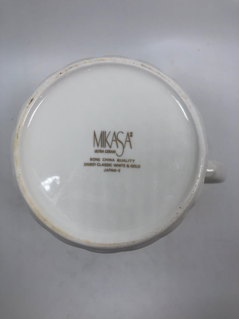 MIKASA WHITE RIBBED COFFEE POT W/GOLD RIM.