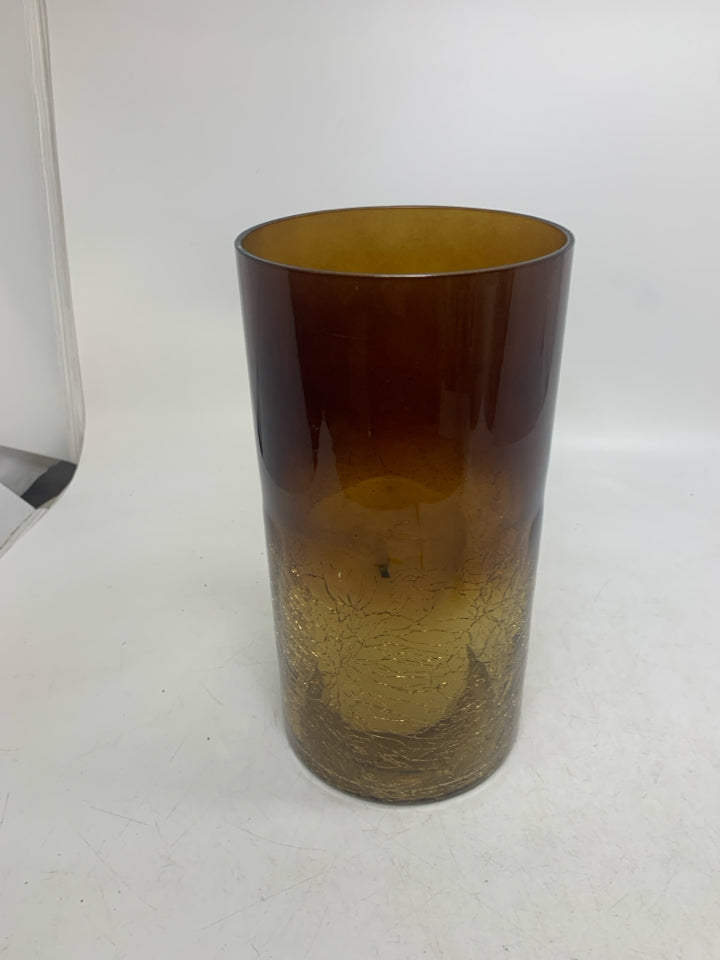 OMBRE CRACKLE GLASS CYLINDER CANDLE HOLDER W/ FAUX CANDLE.