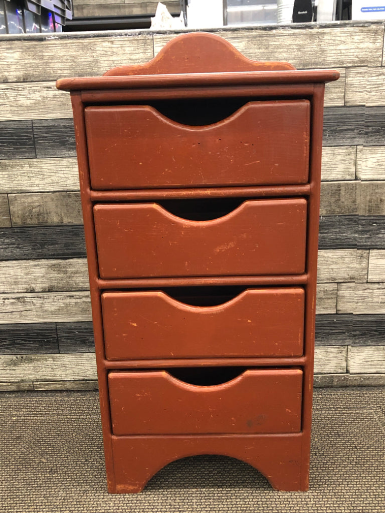 PRIMITIVE 4-DRAWER RED-WOOD STORAGE CABINET.
