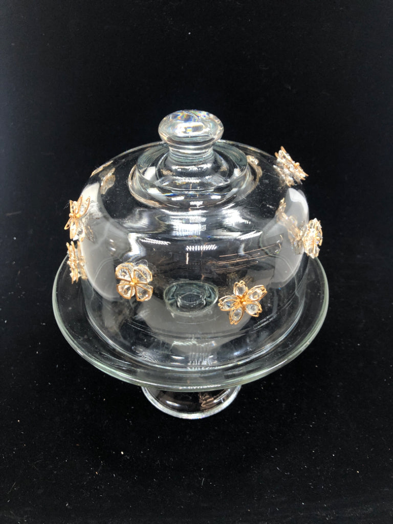 COVERED CAKE STAND W/FLOWER GEMS.