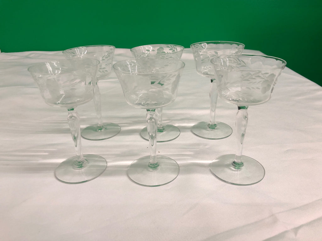 6 SMALL ETCHED PRINCESS HOUSE TALL STEM GLASSES.