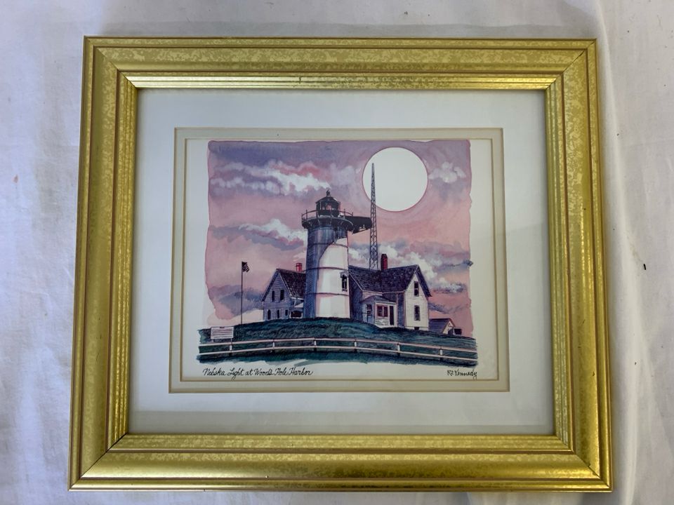 LIGHT HOUSE PRINT - WOOD'S HOLE- IN GOLD FRAME.