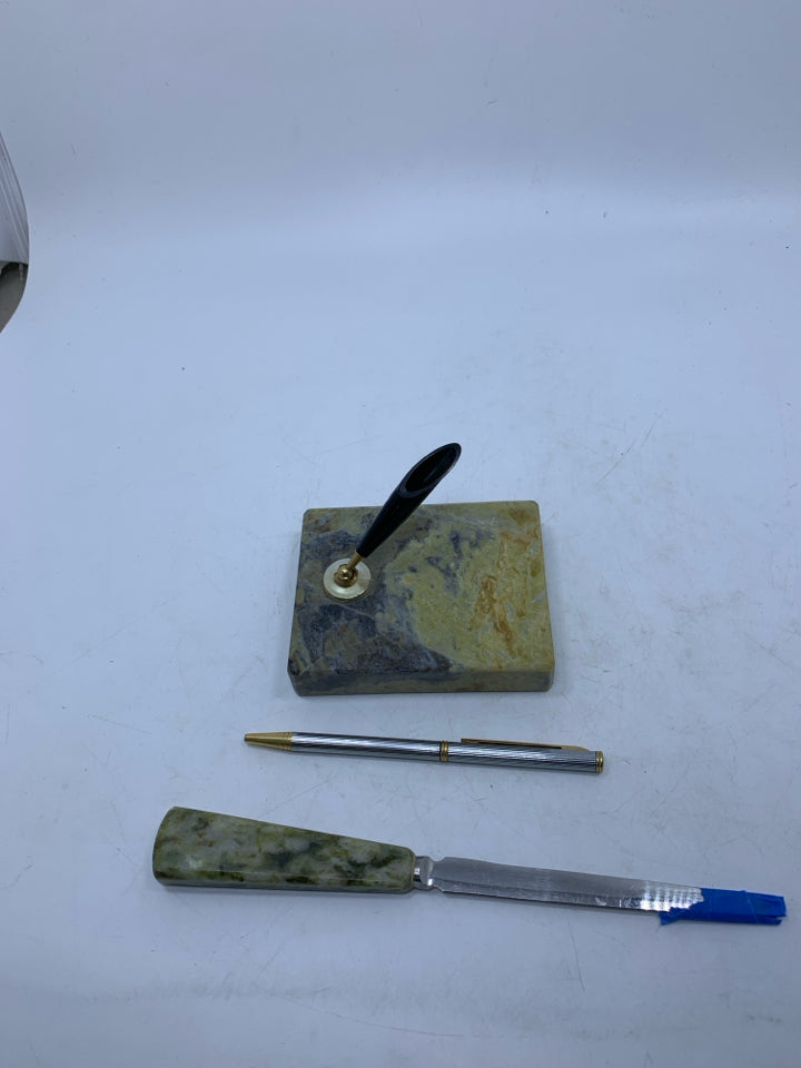 3 PC GREEN MARBLE PEN HOLDER PEN & LETTER OPENER IN BAG.