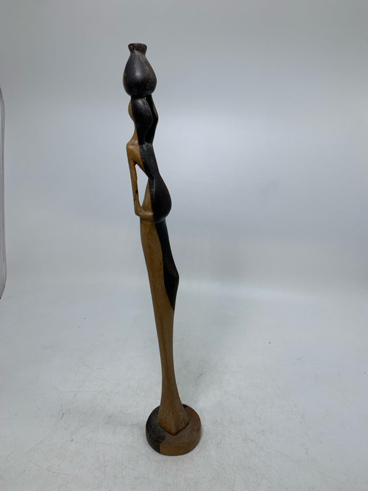 WOOD CARVED FOLK ART WOMAN CARRYING VASE ON HEAD.
