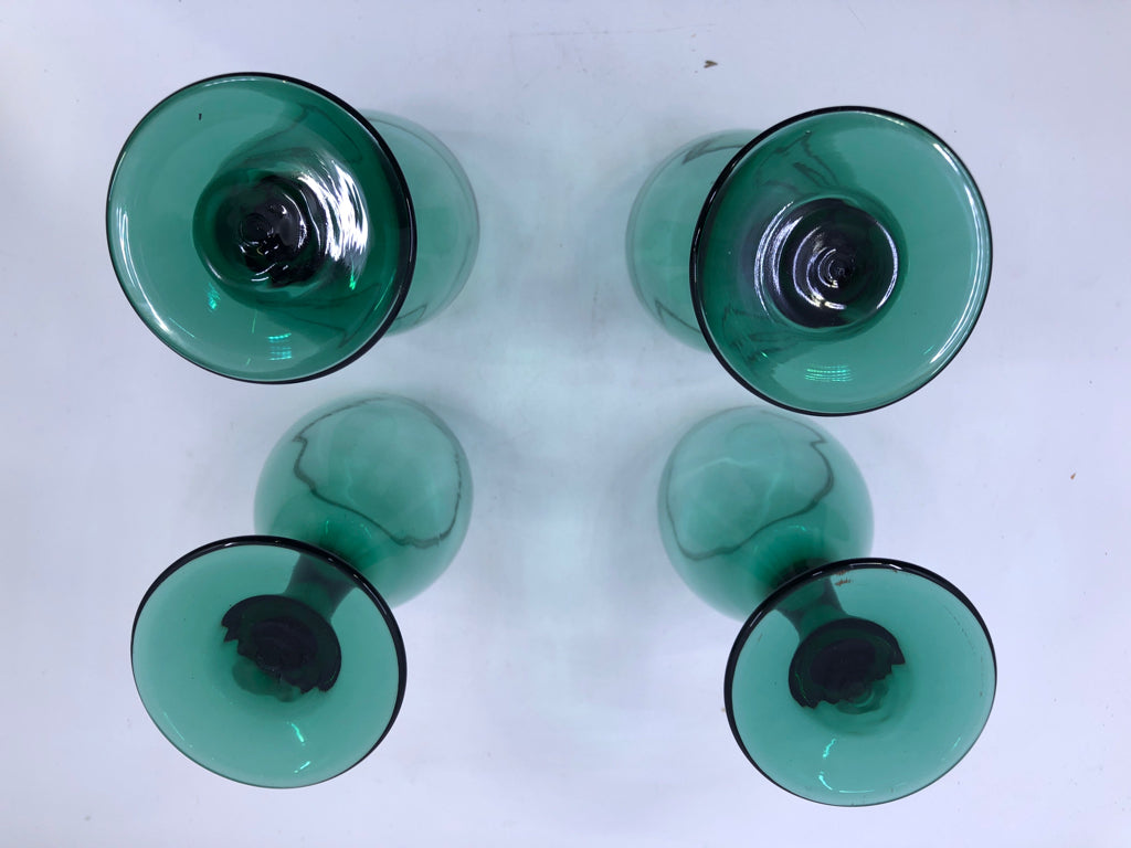 4 DARK GREEN WINE GLASSES GOLD RIM.