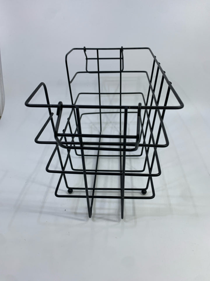 BLACK METAL WIRE STORAGE RACK.