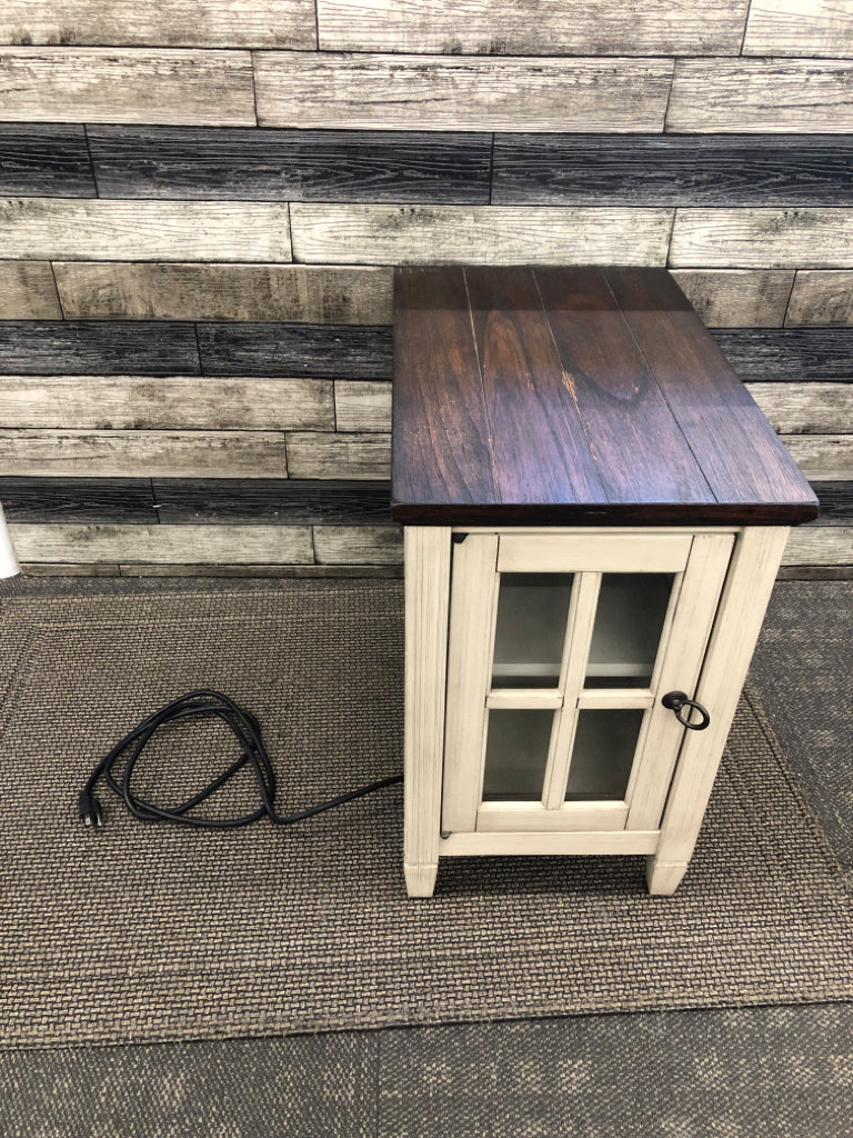 WOOD TOP GREY SIDE TABLE W/DOOR AND OUTLETS.
