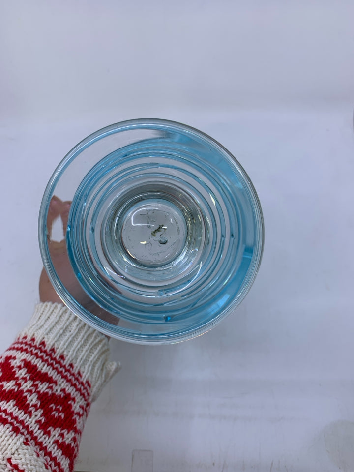 FOOTED GLASS CANDLE HOLDER W/ BLUE LINES.