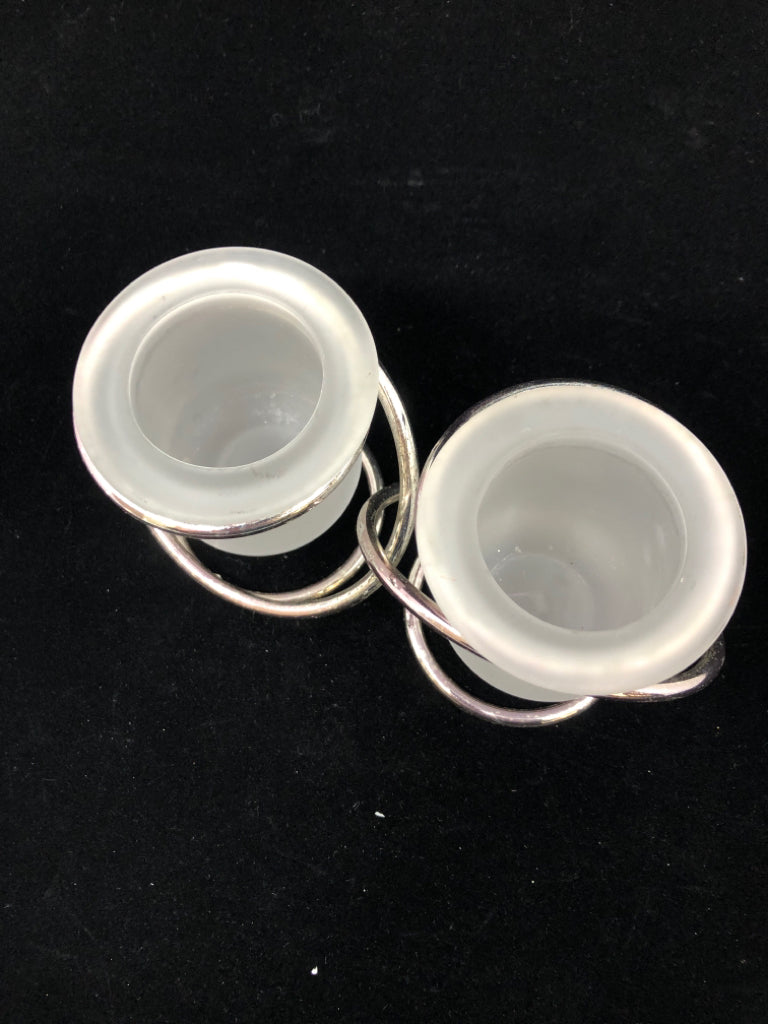 INTERTWINED METAL FROSTED GLASS TEALIGHT CANDLE HOLDER.