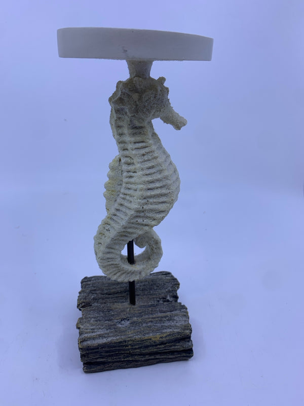 RESIN WHITE SEA HORSE ON FAUX DRIFTWOOD STAND PILLAR CANDLE HOLDER.