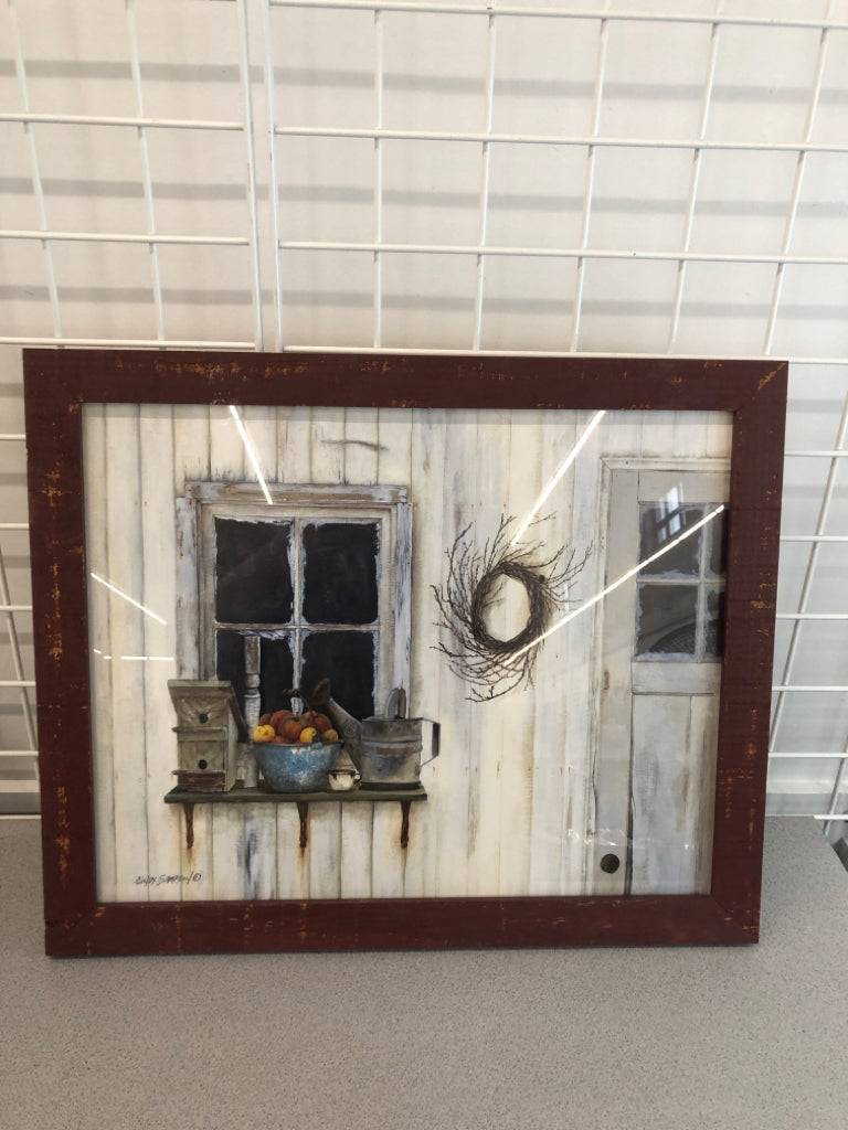 RUSTIC WINDOW PRINT IN RED WOOD FRAME.