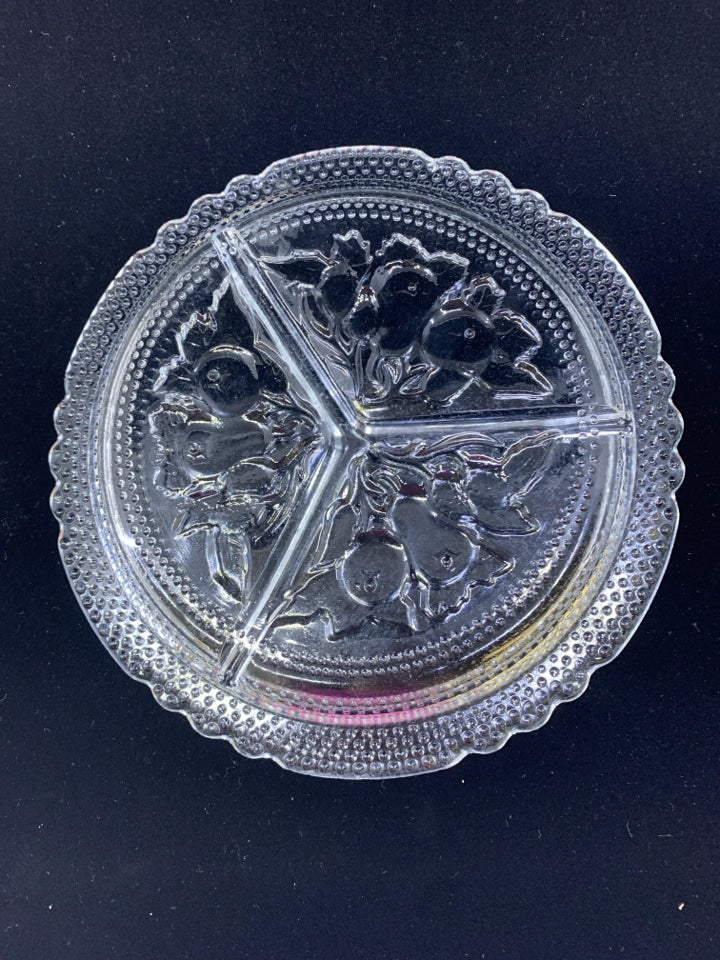 VTG DIVIDED GLASS DISH W/EMBOSSED FRUIT.