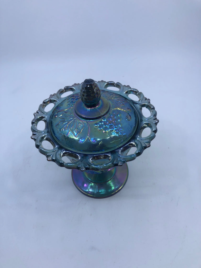 VTG BLUE IRIDESCENT FOOTED CANDY DISH W EMBOSSED GRAPES.