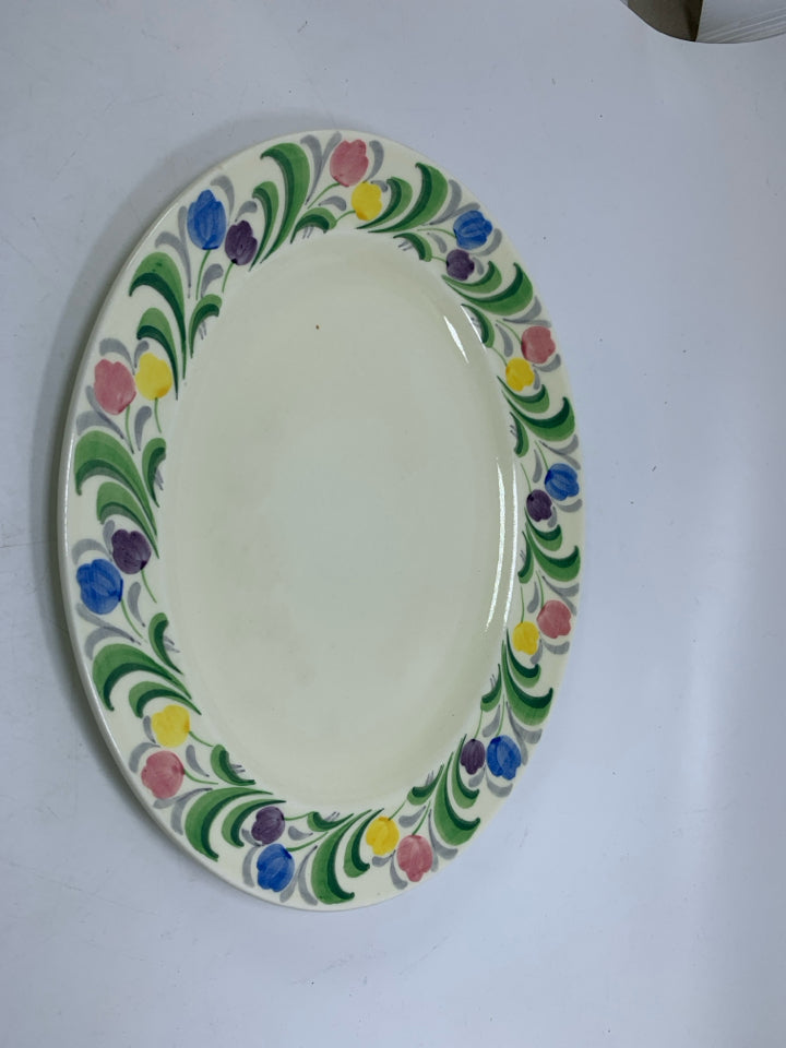 VTG OVAL BRISTOL ENGLAND PLATTER W/ COLORFUL FLOWERS ON EDGE.