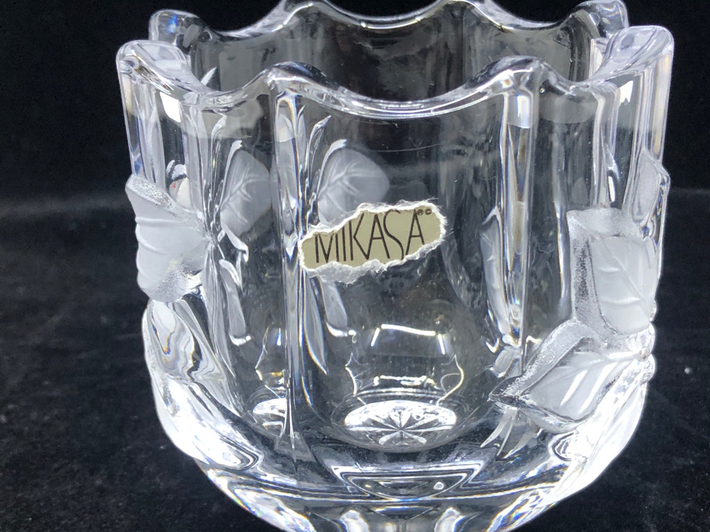 MIKASA CLEAR CRYSTAL VOTIVE CANDLE HOLDER FLORAL ETCHED.