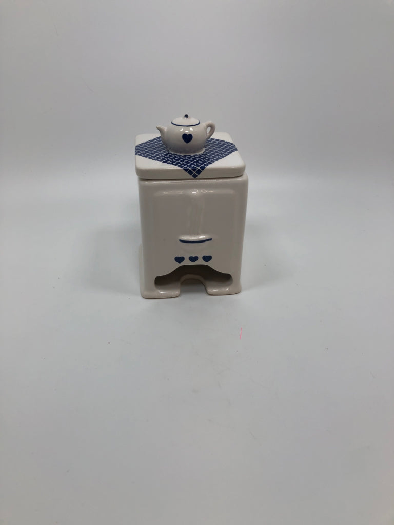 WHITE CERAMIC TEA BAG DISPENSER W/TEAPOT LID.