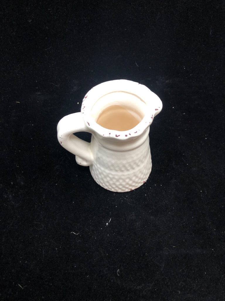 SMALL DISTRESSED WHITE CERAMIC PITCHER.