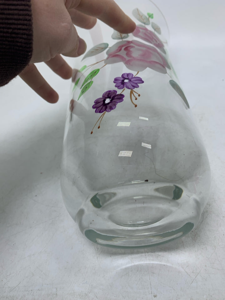 VTG ROMANIAN ART GLASS ETCHED PAINTED PINK ROSES CRYSTAL VASE.