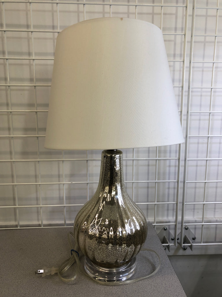 MERCURY GLASS TABLE LAMP W/WHITE SHADE.