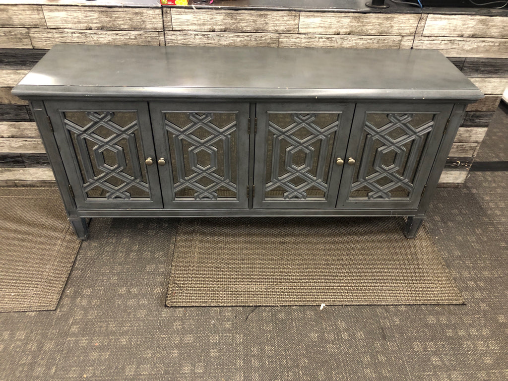 BLUE/GREY LONG CONSOLE TABLE W/ MIRRORED CABINETS SHELVES.