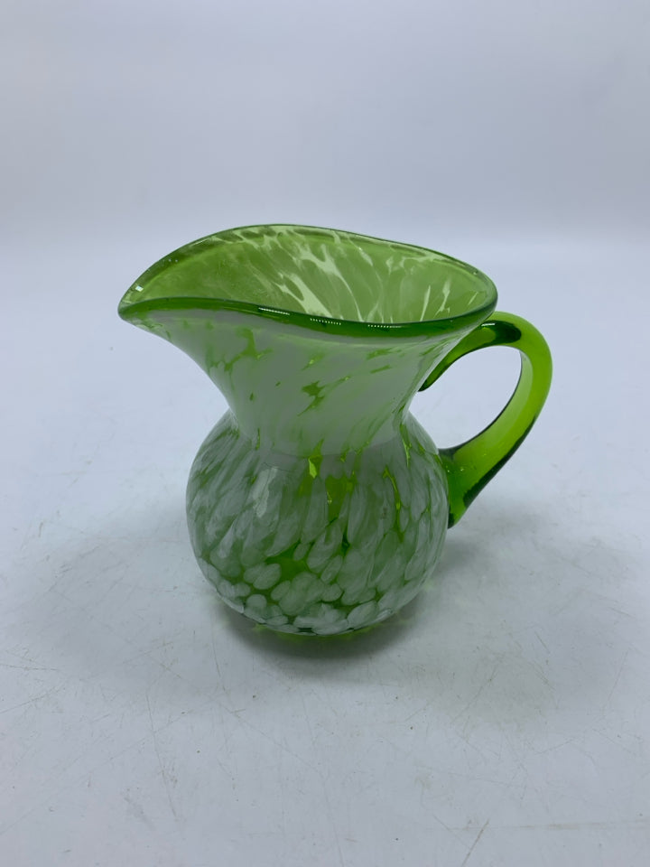 BLOWN GLASS GREEN W/ WHITE SPECKLES PITCHER.