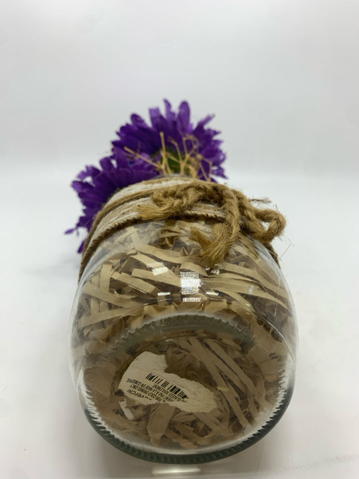 BLUE/PURPLE HYDRANGEA IN LACE WRAPPED GLASS JAR.