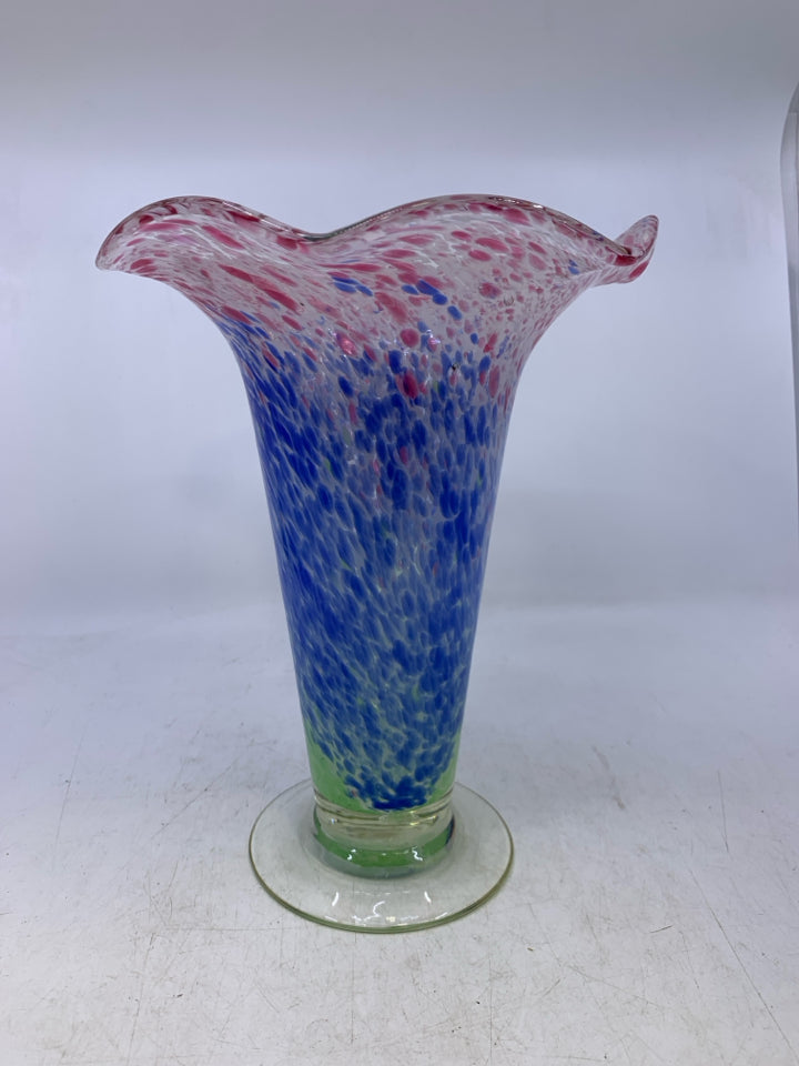 PINK BLUE GREEN FUSED GLASS RUFFLE EDGE VASE.