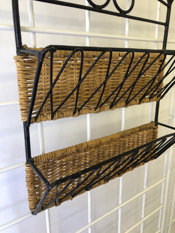 2 TIER HANGING METAL WIRE AND WICKER MAIL ORGANIZER.