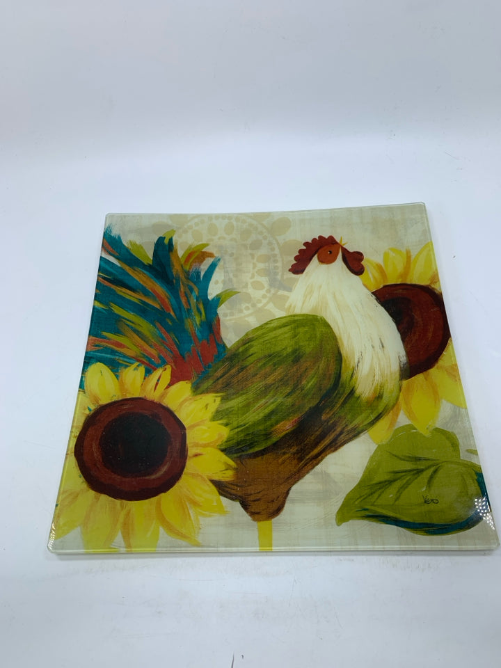 GLASS PRINTED CHICKEN W/ SUNFLOWER SQUARE.