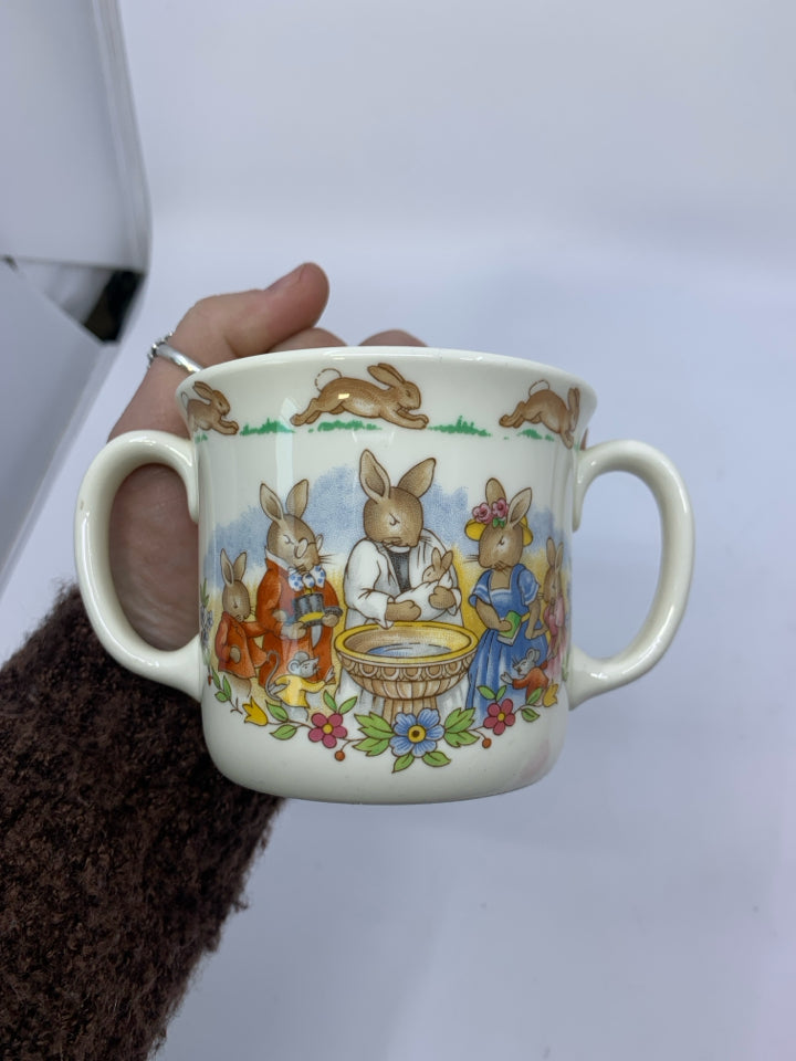BUNNYKINS CELEBRATE YOUR CHRISTENING DOUBLE HANDLE MUG.