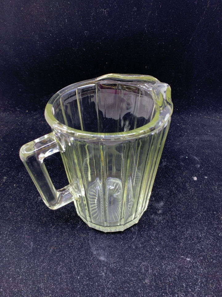 RIBBED GLASS PITCHER ICE LIP SQUARE HANDLE.