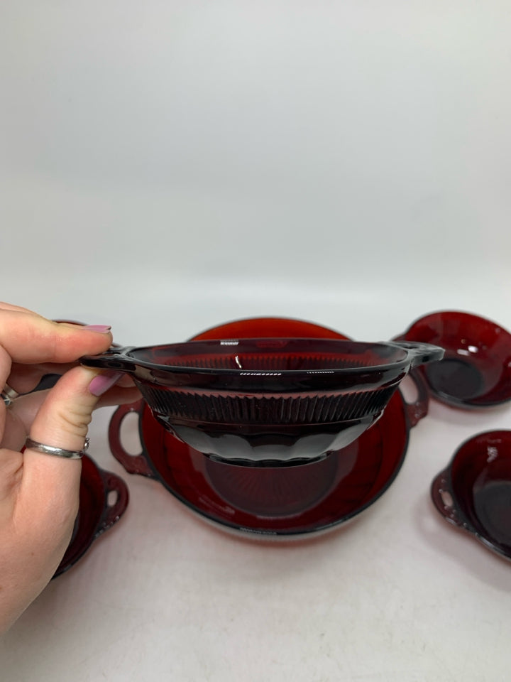6 PC VTG RUBY RED BERRY BOWLS W/ HANDLES .